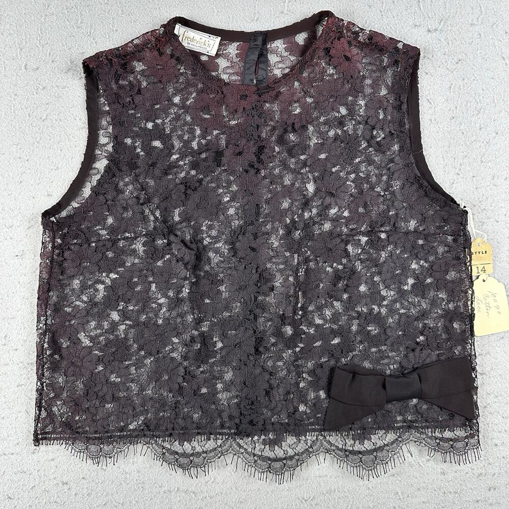 50s Frederick’s of‎ Hollywood Black Sheer Cotton Lace Tank Top Small Burlesque
